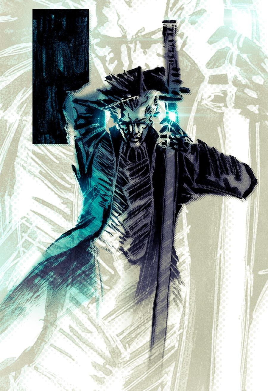 1boy devil_may_cry devil_may_cry_5 drawing_sword glowing glowing_weapon highres limited_palette long_sleeves parody shinkawa_youji_(style) style_parody teoft upper_body vergil weapon yamato_(sword)