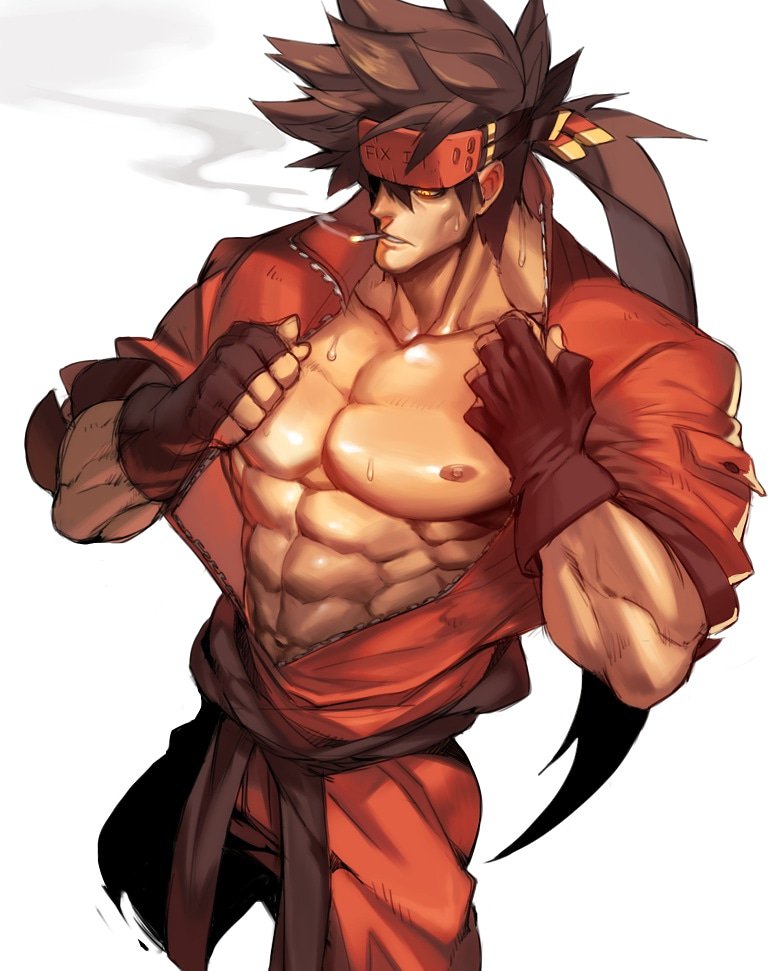 1boy abs alternate_costume bara bare_chest brown_hair chest cigarette cropped_legs fingerless_gloves gloves guilty_gear headgear long_hair male_focus muscle na_insoo navel nipples open_clothes ponytail shiny shiny_skin simple_background smoking sol_badguy solo spiky_hair undressing white_background yellow_eyes