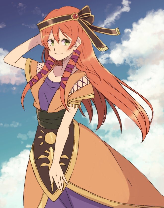 1girl breasts chrono_cross closed_mouth clouds dress green_eyes long_hair looking_at_viewer orange_hair rena_(chrono_cross) smile solo tekutonbo