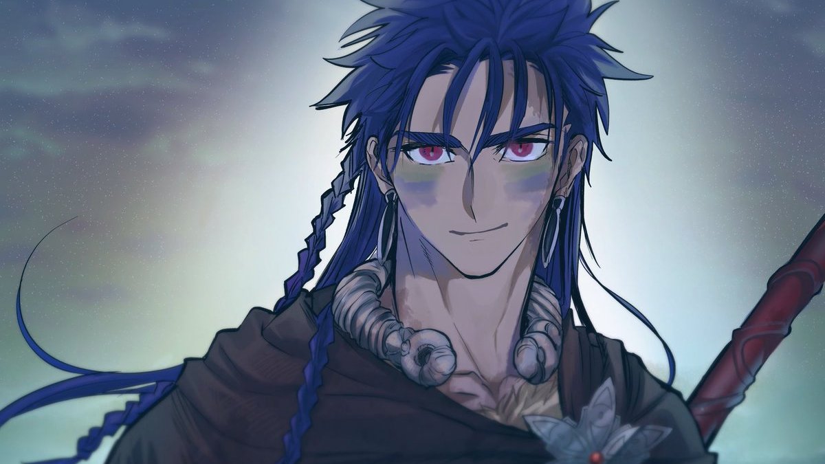 1boy blue_hair bodypaint braid choker cu_chulainn_(fate)_(all) earrings facepaint fate/stay_night fate_(series) gae_bolg jewelry lancer long_hair looking_at_viewer male_focus necklace polearm red_eyes sky smile solo spear tsurupika type-moon weapon