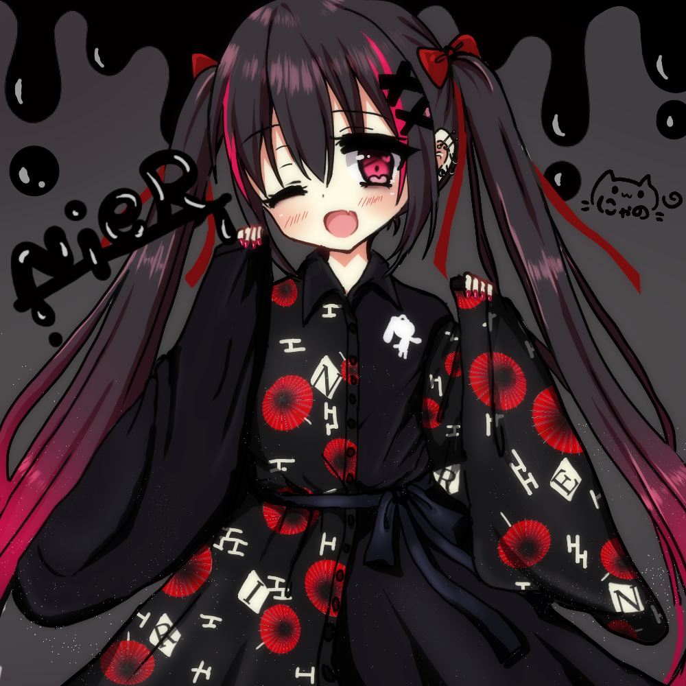 1girl ;d bangs black_kimono blush bow commentary_request ear_piercing eyebrows_visible_through_hair fang floral_print gradient_hair grey_background hair_between_eyes hair_bow hair_ornament hands_up japanese_clothes kimono long_hair long_sleeves multicolored_hair nyano21 one_eye_closed open_mouth original piercing pinching_sleeves print_kimono red_bow red_eyes redhead signature simple_background sleeves_past_wrists smile solo twintails very_long_hair wide_sleeves x_hair_ornament