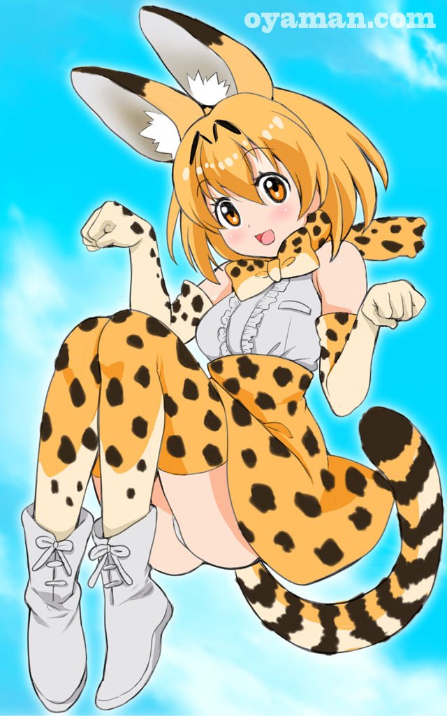 1girl :d animal_ear_fluff animal_ears ankle_boots bangs blonde_hair blue_sky boots bow clouds cloudy_sky commentary_request day eyebrows_visible_through_hair floating gloves high-waist_skirt kemono_friends legs_up looking_at_viewer medium_hair miniskirt open_mouth outdoors oyaman panties pantyshot partial_commentary paw_pose print_bow print_gloves print_neckwear print_skirt serval_(kemono_friends) serval_ears serval_print serval_tail shirt skirt sky sleeveless sleeveless_shirt smile solo striped_tail tail underwear watermark web_address white_footwear white_gloves white_panties white_shirt yellow_eyes yellow_legwear yellow_neckwear yellow_skirt