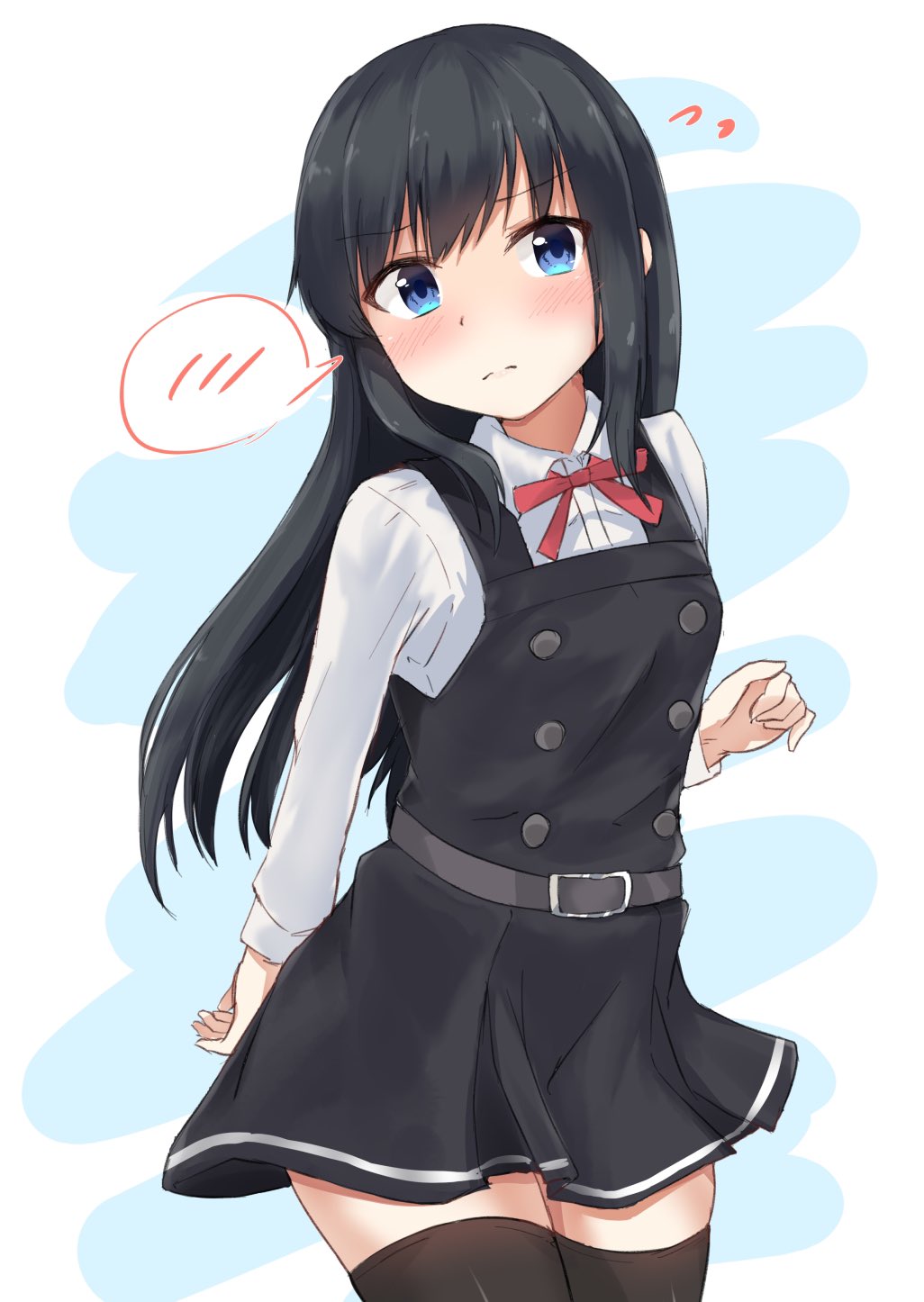 1girl ? asashio_(kantai_collection) belt black_hair black_legwear blue_eyes commentary_request cowboy_shot dress highres kantai_collection long_hair long_sleeves pinafore_dress remodel_(kantai_collection) rokosu_(isibasi403) shirt solo spoken_blush standing thigh-highs white_shirt