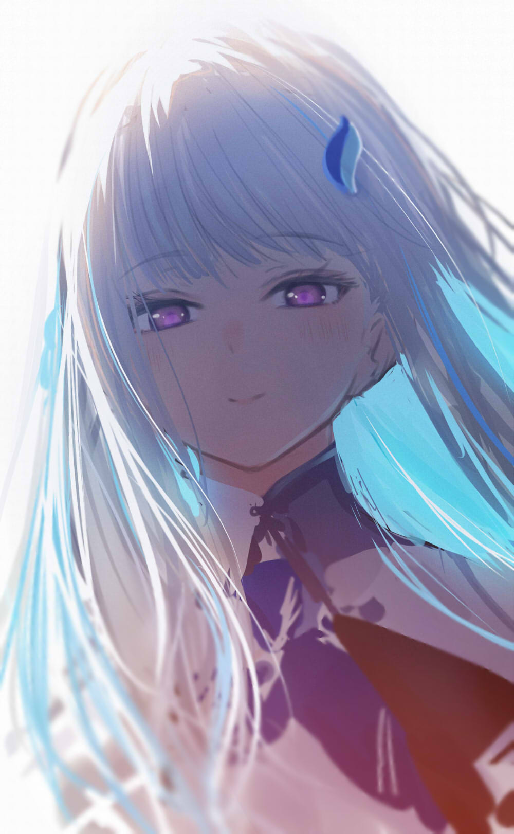 1girl backlighting blush closed_mouth colored_inner_hair commentary eyebrows_visible_through_hair eyelashes hair_ornament highres isshiki_(ffmania7) light_blue_hair lize_helesta long_hair looking_at_viewer multicolored_hair nijisanji portrait silver_hair simple_background smile solo straight_hair violet_eyes virtual_youtuber white_background