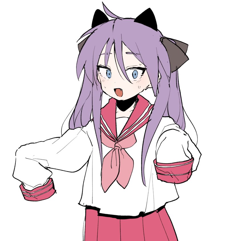 1girl :d black_bow blue_eyes bow ddari fang hair_between_eyes hair_bow hiiragi_kagami long_hair long_sleeves looking_at_viewer lucky_star neckerchief open_mouth pink_neckwear pink_sailor_collar pink_skirt purple_hair sailor_collar school_uniform serafuku shirt simple_background skirt sleeves_past_fingers sleeves_past_wrists smile solo sweat twintails white_background white_shirt