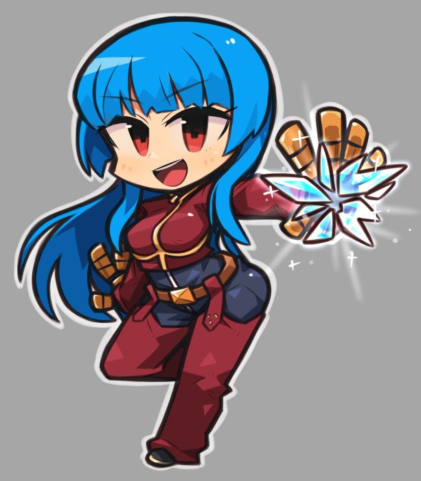 1girl :d blue_hair chibi eyebrows_visible_through_hair full_body gloves grey_background ibara. ice kula_diamond long_hair looking_at_viewer open_mouth red_eyes simple_background smile solo standing standing_on_one_leg the_king_of_fighters