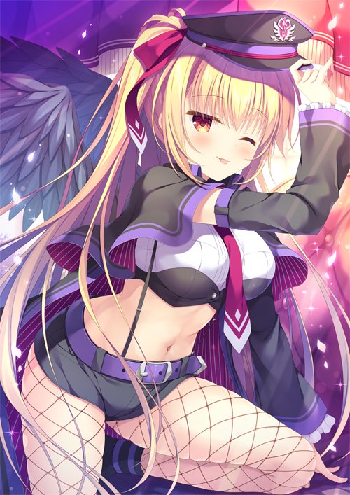 1girl arm_up belt black_headwear black_shorts blonde_hair breasts capelet crop_top detached_sleeves feathered_wings fishnet_legwear fishnets frills hair_ribbon hat jpeg_artifacts large_breasts long_hair long_sleeves looking_at_viewer micro_shorts midriff navel necktie one_eye_closed original pantyhose peaked_cap ponytail red_eyes ribbon shirt shorts solo stomach suspenders takano_yuki_(allegro_mistic) thighs tongue tongue_out very_long_hair white_shirt wings