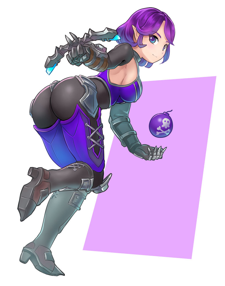 1girl armor ass bangs bent_over black_bodysuit bodysuit bomb boots bow_(weapon) breasts closed_mouth crossbow from_behind full_body greaves hand_up himeshaga holding holding_weapon knee_boots looking_at_viewer looking_back medium_breasts paladins pink_background pointy_ears purple_hair short_hair skull_and_crossbones skull_print skye_(paladins) smile solo thigh-highs violet_eyes weapon white_background