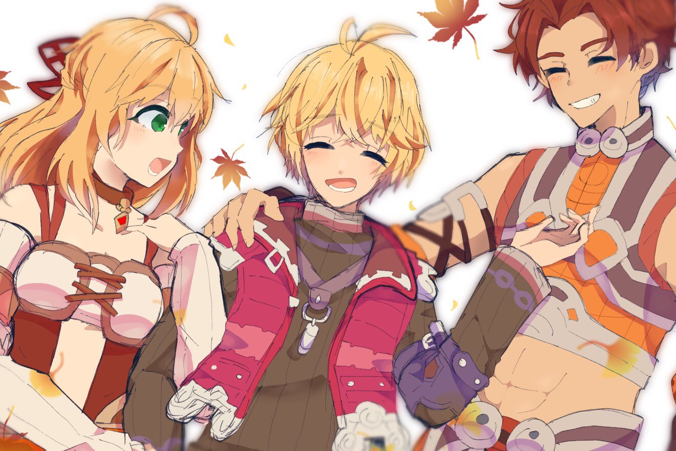 1girl 2boys abs autumn_leaves blonde_hair closed_eyes fiora_(xenoblade) green_eyes grin long_hair midriff mugimugis multiple_boys open_mouth red_vest reyn_(xenoblade) shulk_(xenoblade) smile vest xenoblade_chronicles xenoblade_chronicles_(series)