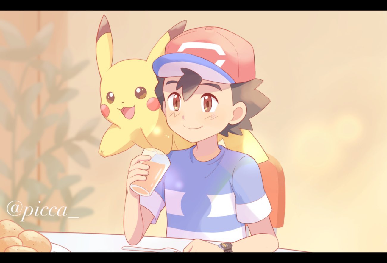 1boy ash_ketchum bangs baseball_cap black_hair brown_eyes closed_mouth commentary_request cup gen_1_pokemon hair_between_eyes hat holding holding_cup mei_(maysroom) on_shoulder pikachu plant plate pokemon pokemon_(anime) pokemon_(creature) pokemon_on_shoulder pokemon_sm_(anime) shirt short_sleeves smile t-shirt watermark