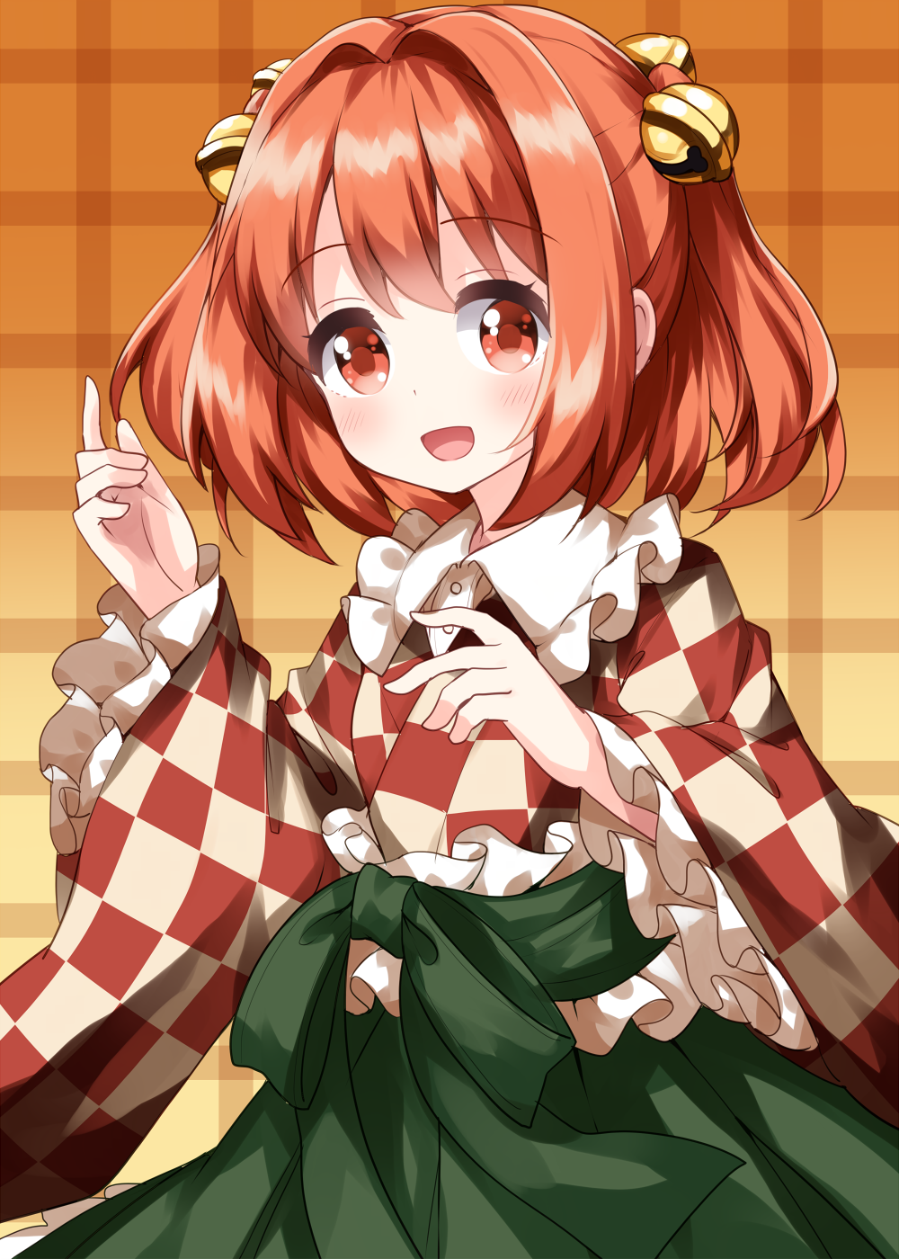 1girl bangs bell checkered checkered_kimono cowboy_shot eyebrows_visible_through_hair gradient gradient_background green_hakama hair_bell hair_ornament hakama highres japanese_clothes kimono long_sleeves looking_at_viewer motoori_kosuzu open_mouth orange_background orange_eyes orange_hair plaid plaid_background ruu_(tksymkw) smile solo standing touhou two_side_up wide_sleeves