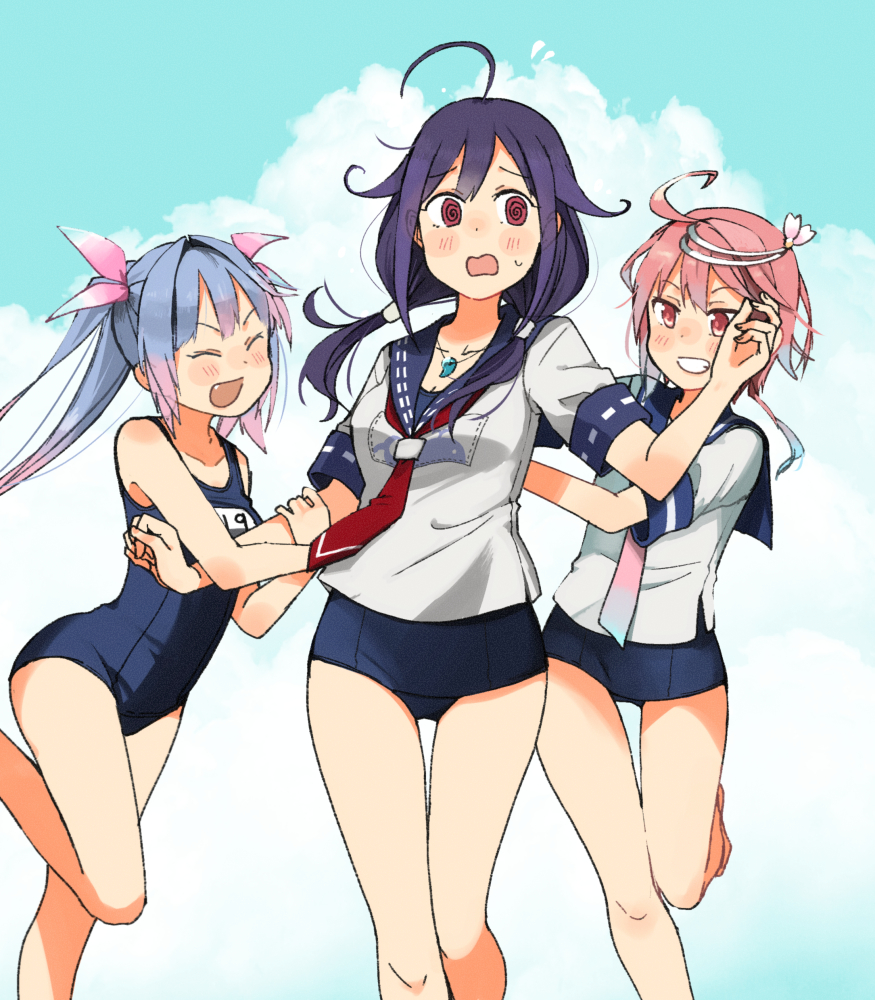 3girls @_@ adapted_costume ahoge animal_print annin_musou blue_hair blue_sailor_collar blue_swimsuit closed_eyes commentary_request cowboy_shot fang fish_print grin hair_flaps hair_ornament hair_ribbon i-19_(kantai_collection) i-58_(kantai_collection) kantai_collection long_hair low_twintails multiple_girls name_tag neckerchief no_pants pink_hair purple_hair red_eyes red_neckwear ribbon sailor_collar sailor_shirt school_swimsuit school_uniform serafuku shirt short_hair smile swimsuit swimsuit_under_clothes taigei_(jmsdf) taigei_(kantai_collection) thigh_gap tri_tails twintails whale_print