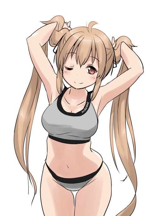 1girl bra breasts character_name commentary_request cowboy_shot grey_bra grey_panties holding holding_hair kantai_collection leaning_forward long_hair looking_at_viewer medium_breasts murasame_(kantai_collection) panties simple_background smile solo standing tamu_(mad_works) thigh_gap underwear underwear_only white_background