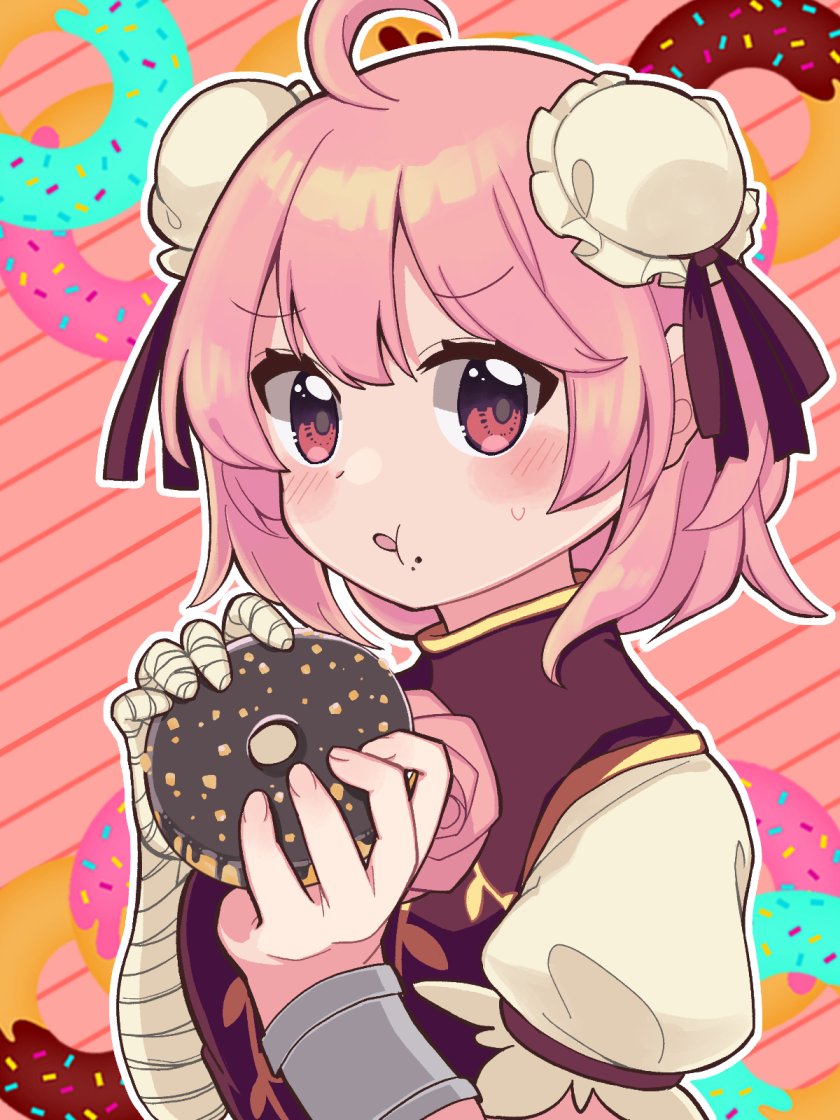 1girl :t ahoge bandaged_arm bandaged_hands bandages black_ribbon blush_stickers brown_dress bun_cover commentary_request diagonal_stripes double_bun doughnut dress food food_on_face hands_up holding holding_food ibaraki_kasen parted_lips pink_background pink_hair puffy_short_sleeves puffy_sleeves red_eyes ribbon short_sleeves sleeveless sleeveless_dress solo striped striped_background sweat touhou upper_body yamase
