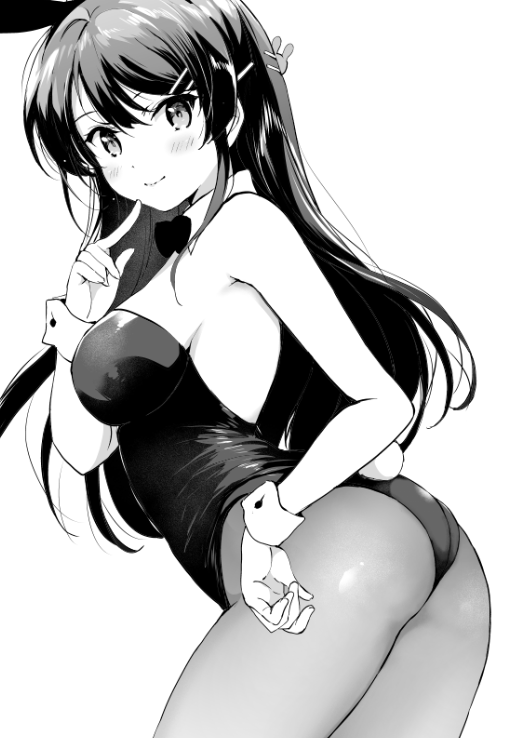 1girl animal_ears ass blush breasts bunny_hair_ornament bunny_tail cowboy_shot detached_collar finger_to_cheek from_side greyscale hair_ornament hairclip kurimomo long_hair looking_at_viewer looking_to_the_side monochrome pantyhose playboy_bunny rabbit_ears sakurajima_mai seishun_buta_yarou sideboob smile solo tail wrist_cuffs