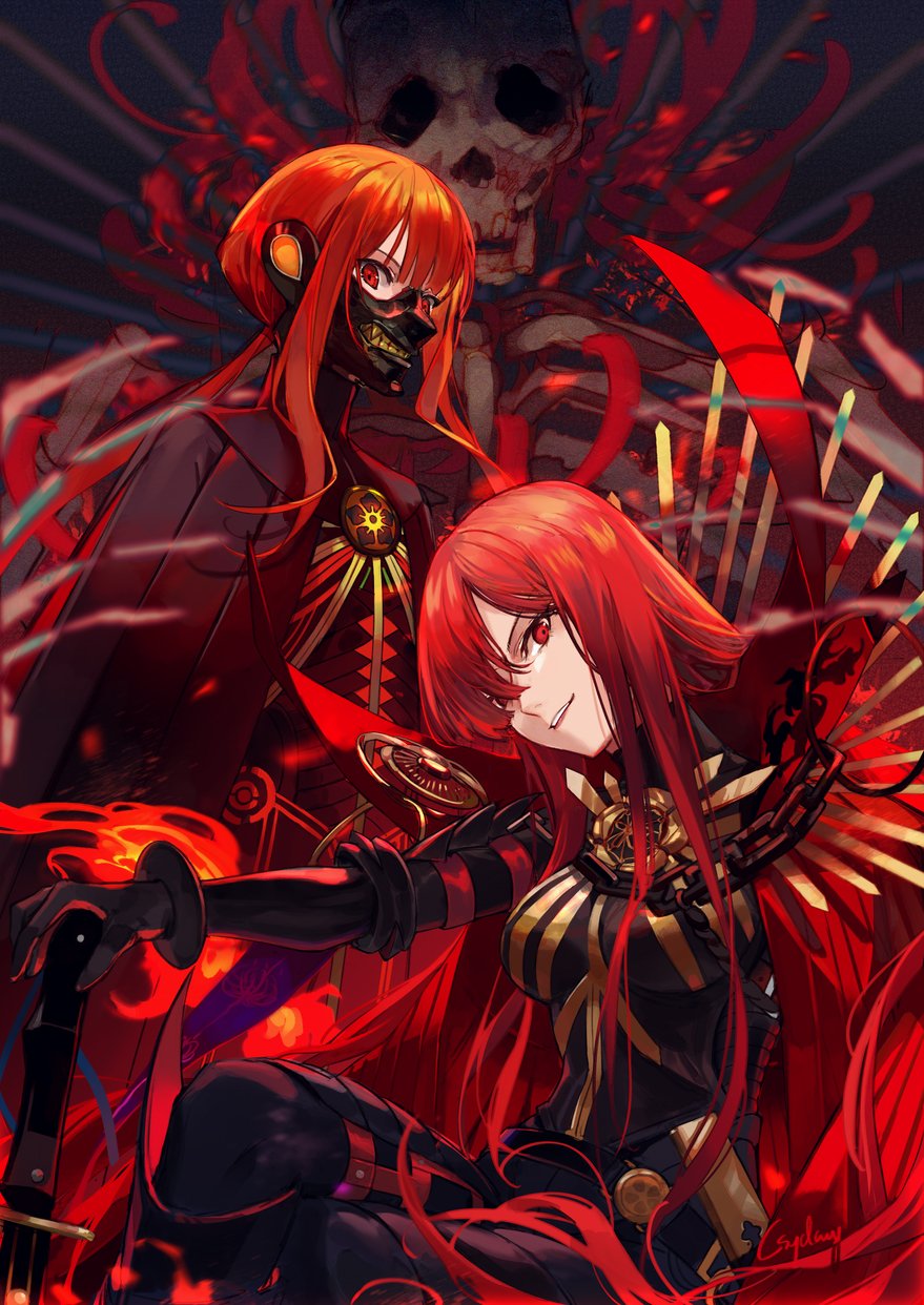 1boy 1girl artist_name bangs black_bodysuit black_cloak black_gloves bodysuit breasts brother_and_sister cape chain cloak cowboy_shot crossed_legs csyday family_crest fate/grand_order fate_(series) gloves hair_over_one_eye hand_on_hilt highres long_hair looking_at_viewer low_ponytail mask medium_breasts mouth_mask oda_nobukatsu_(fate/grand_order) oda_nobunaga_(fate)_(all) oda_nobunaga_(maou_avenger)_(fate) oda_uri planted_sword planted_weapon red_cape red_eyes red_theme redhead siblings sitting skeleton skull smile standing swept_bangs sword weapon