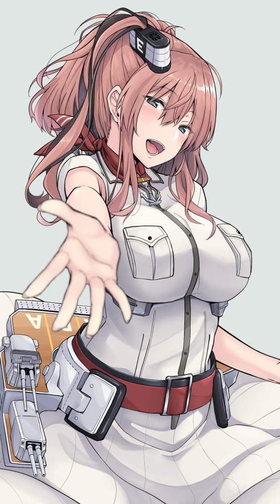 1girl anchor belt blue_eyes breast_pocket breasts brown_hair cannon cowboy_shot dress green_background hair_between_eyes hair_ornament kantai_collection large_breasts looking_at_viewer machinery neckerchief open_mouth pocket ponytail red_legwear red_neckwear saratoga_(kantai_collection) satou_samu side_ponytail sidelocks smile smokestack turret white_dress