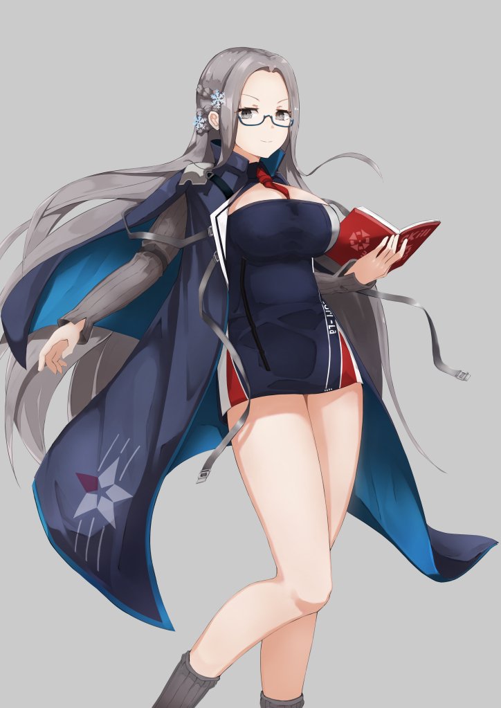 1girl aqua_cape azur_lane blue_cape blue_dress book cape cleavage_cutout clothing_cutout dress feet_out_of_frame glasses grey_background grey_eyes grey_hair grey_sleeves holding holding_book long_hair looking_at_viewer red_neckwear semi-rimless_eyewear shangri-la_(azur_lane) short_dress simple_background solo tosaka_(tosaka0001) two-tone_cape