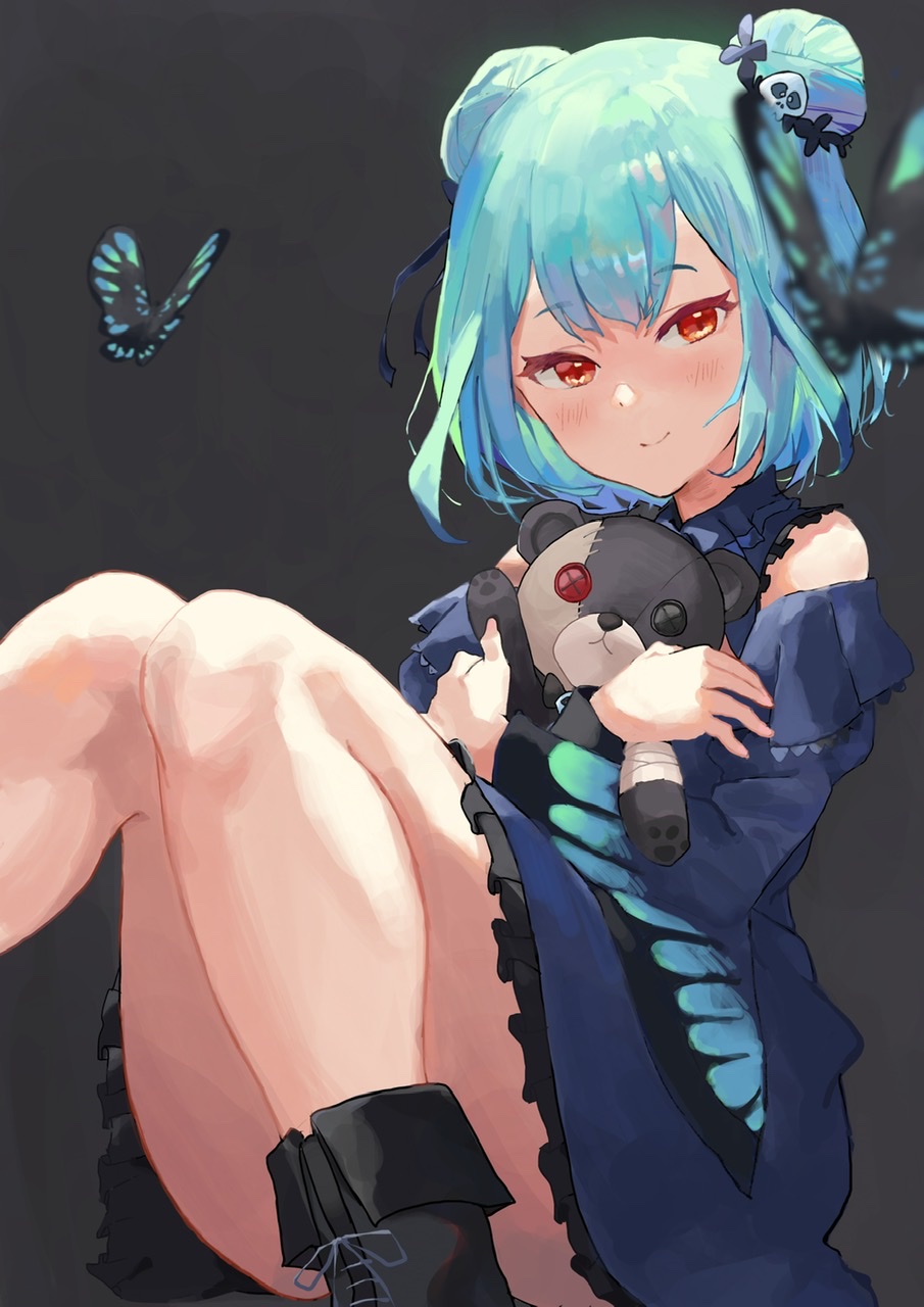 1girl arigiep bangs blush bug butterfly detached_sleeves double_bun dress eyebrows_visible_through_hair green_hair hair_ornament highres hololive hololive_fantasy insect looking_at_viewer open_mouth red_eyes short_hair skull_collar skull_hair_ornament smile solo stuffed_toy uruha_rushia virtual_youtuber