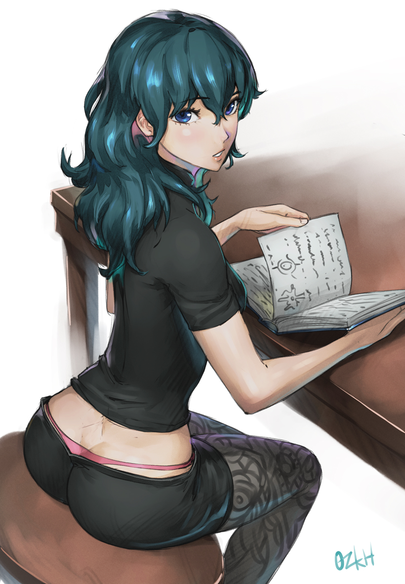 1girl ass blue_eyes book byleth_(fire_emblem) byleth_eisner_(female) fire_emblem fire_emblem:_three_houses green_hair light_blush looking_at_viewer open_book ozkh panties pantyhose parted_lips pink_panties short_shorts shorts simple_background solo thong underwear wavy_hair