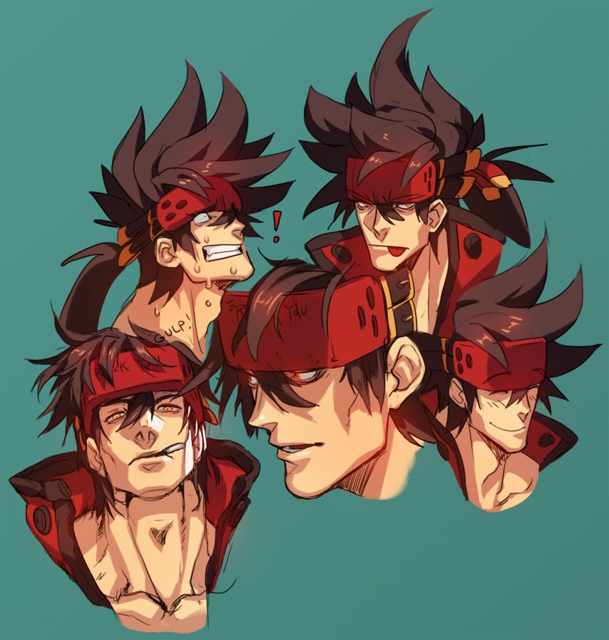 1boy :p brown_hair collage collarbone expressions face guilty_gear headgear long_hair male_focus multiple_views muscle na_insoo open_clothes pelvic_curtain ponytail shiny shiny_skin simple_background sol_badguy spiky_hair tongue tongue_out yellow_eyes