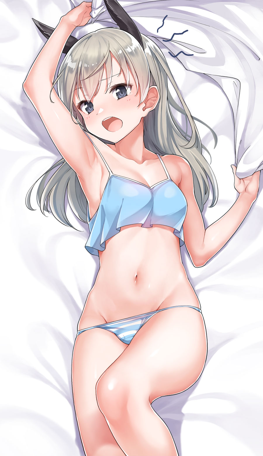 1girl animal_ears arm_up bangs bed_sheet blue_bra blue_panties blush bra breasts commentary_request eila_ilmatar_juutilainen eyebrows_visible_through_hair grey_hair highres konnyaku_(kk-monmon) long_hair lying medium_breasts navel on_back open_mouth panties sheet_grab solo strike_witches striped striped_panties tears underwear world_witches_series