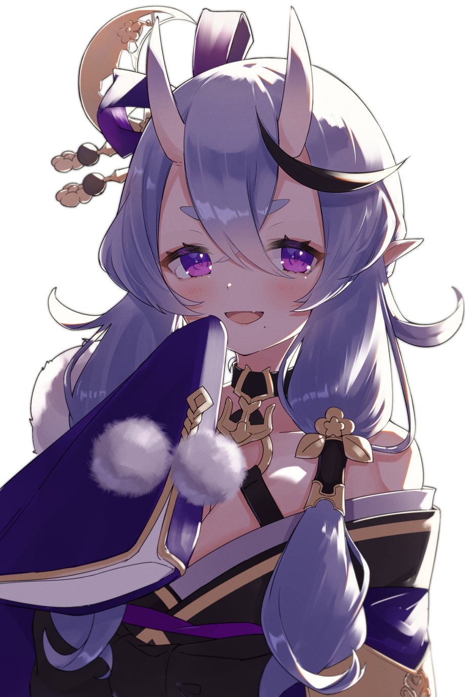 1girl :d blush commentary_request fang hair_ornament highres horns light_purple_hair long_hair looking_at_viewer mole mole_under_mouth namaonpa nijisanji open_mouth pom_pom_(clothes) rindou_mikoto simple_background skin_fang sleeves_past_fingers sleeves_past_wrists smile solo upper_body violet_eyes virtual_youtuber white_background