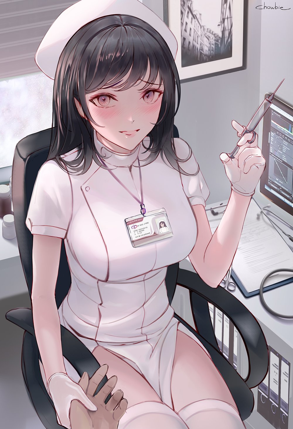 1girl black_hair blush breasts chair chowbie clipboard commentary gloves grey_eyes hat highres holding holding_hands holding_syringe id_card large_breasts looking_at_viewer medicine medium_hair monitor nurse nurse_cap office office_chair original parted_lips rubber_gloves shelf stethoscope syringe thigh-highs thighs white_legwear