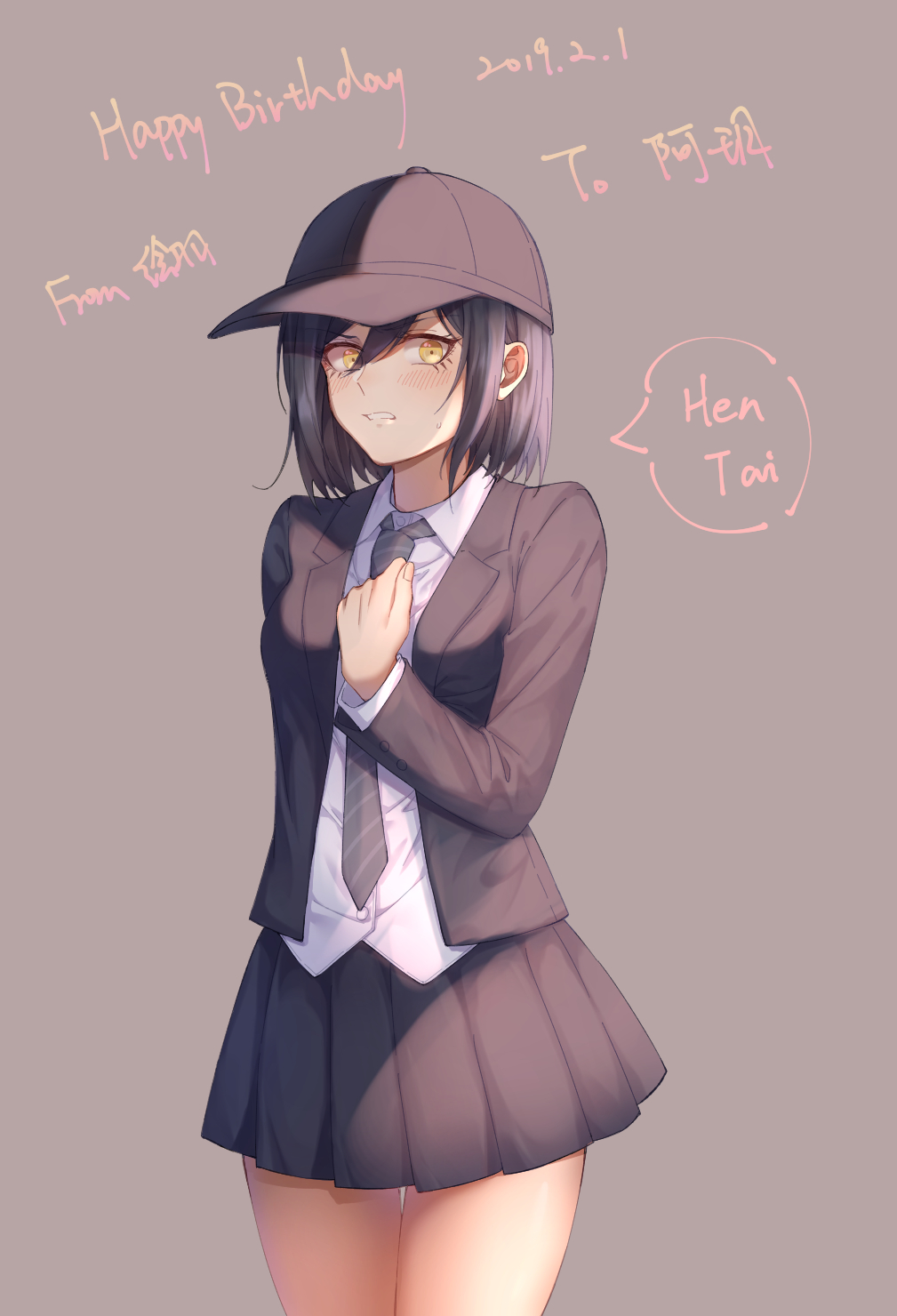 1girl arm_behind_back artist_name bangs black_hair black_jacket black_skirt blush breasts clenched_teeth collared_shirt commentary_request cowboy_shot dangan_ronpa diagonal-striped_neckwear diagonal_stripes dress_shirt ewa_(seraphhuiyu) genderswap genderswap_(mtf) hair_between_eyes hand_up happy_birthday hat highres jacket long_sleeves looking_at_viewer medium_breasts miniskirt necktie new_dangan_ronpa_v3 open_clothes open_jacket pleated_skirt saihara_shuuichi school_uniform shirt short_hair simple_background skirt solo speech_bubble striped striped_neckwear teeth white_shirt wing_collar yellow_eyes