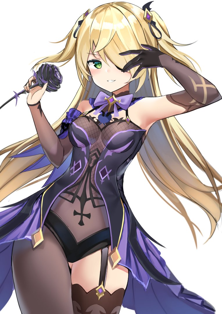 1girl arm_up armpits ass_visible_through_thighs bare_shoulders black_flower black_gloves blonde_hair bodystocking bow bowtie breasts center_opening cowboy_shot elbow_gloves eyepatch fischl_(genshin_impact) flower garter_straps genshin_impact gloves green_eyes grin hair_ornament hair_over_one_eye hand_up holding kurotobi_rarumu long_hair looking_at_viewer parted_lips revealing_clothes rose see-through simple_background single_glove single_thighhigh small_breasts smile solo tailcoat thigh-highs thighs two_side_up white_background