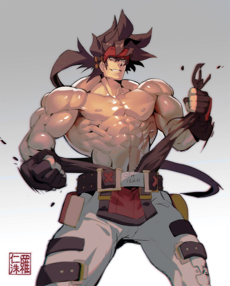 1boy abs alternate_costume bara bare_chest belt_buckle brown_hair buckle chest feet_out_of_frame fingerless_gloves gloves guilty_gear harness headgear long_hair male_focus muscle na_insoo navel nipples pelvic_curtain ponytail shiny shiny_skin shirtless simple_background sol_badguy solo spiky_hair tearing_clothes thick_thighs thighs tight torn_clothes yellow_eyes