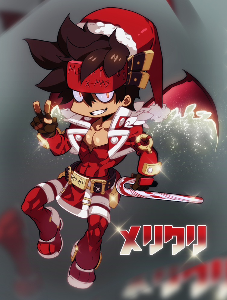 1boy belt_buckle blurry blurry_background brown_hair buckle candy candy_cane chest chibi christmas covered_abs demon_wings fingerless_gloves food full_body gloves guilty_gear hat headgear male_focus muscle na_insoo open_clothes pelvic_curtain santa_costume santa_hat shiny shiny_skin simple_background sol_badguy solo spiky_hair tight v wings yellow_eyes