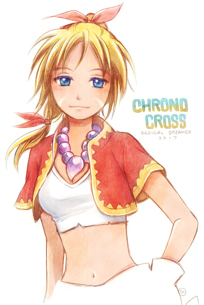 1girl bandages blonde_hair blue_eyes breasts chrono_cross closed_mouth facial_mark gloves high_ponytail hira_(otemoto84) jewelry kid_(chrono_cross) long_hair looking_at_viewer midriff multi-tied_hair navel necklace ponytail simple_background smile solo white_background