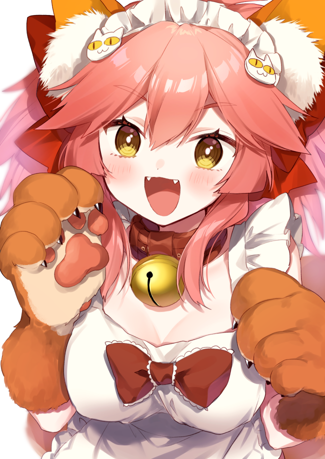 &lt;|&gt;_&lt;|&gt; 1girl :d animal_ear_fluff animal_ears apron bangs bell bell_collar blush bow breasts brown_eyes brown_gloves cat_hair_ornament collar eyebrows_visible_through_hair fangs fate/grand_order fate_(series) fox_ears frilled_apron frills gloves hair_between_eyes hair_bow hair_ornament jingle_bell long_hair looking_at_viewer maid_headdress medium_breasts open_mouth paw_pose pink_hair red_bow red_collar simple_background smile solo tamamo_(fate)_(all) tamamo_cat_(fate) upper_body v-shaped_eyebrows white_apron white_background yamabukiiro