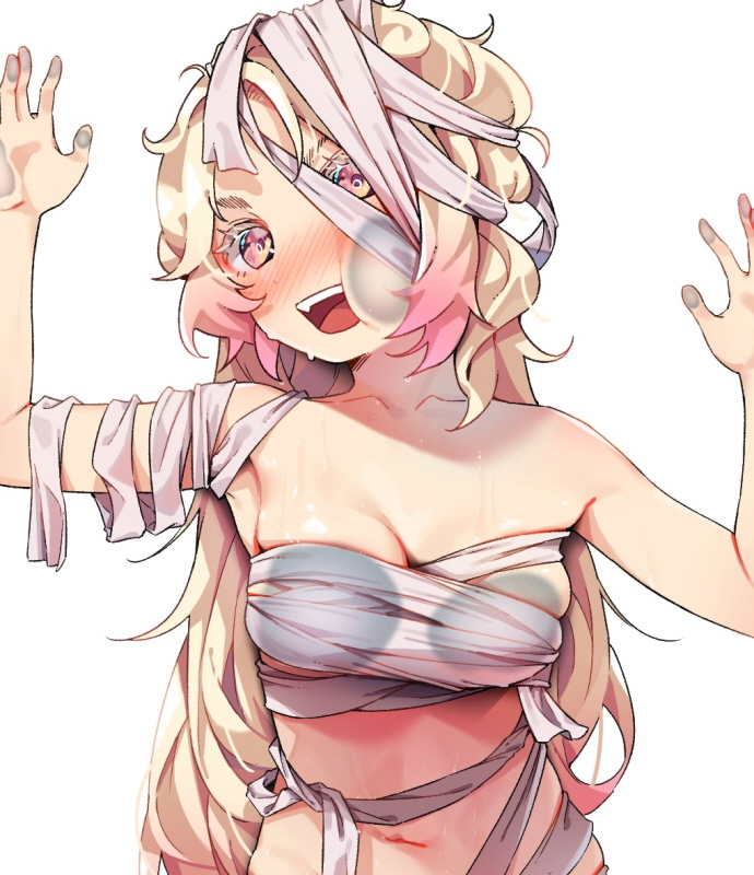 1girl :d against_fourth_wall agnamore arm_up bare_shoulders blonde_hair blush breasts brown_eyes collarbone commentary_request gradient_hair hand_up head_tilt korean_commentary long_hair looking_at_viewer medium_breasts multicolored_hair mummy_costume navel nose_blush open_mouth original pink_hair simple_background smile solo upper_body very_long_hair white_background