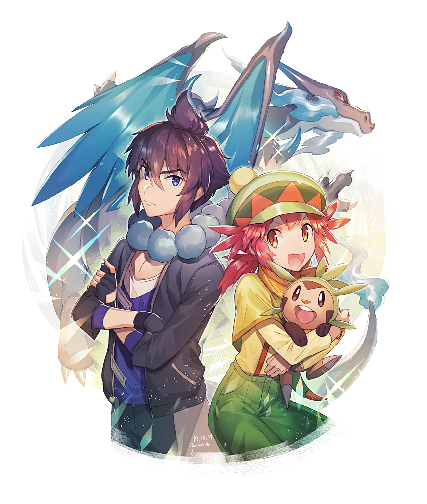 1boy 1girl alain_(pokemon) bangs black_hair black_pants blue_eyes blue_fire charizard chespin closed_mouth commentary_request crossed_arms dated fingerless_gloves fire gen_1_pokemon gen_6_pokemon gloves green_headwear hair_between_eyes hat holding holding_pokemon jacket kusuribe long_sleeves mairin_(pokemon) mega_charizard_x mega_pokemon open_mouth pants pokemon pokemon_(anime) pokemon_(creature) redhead smile