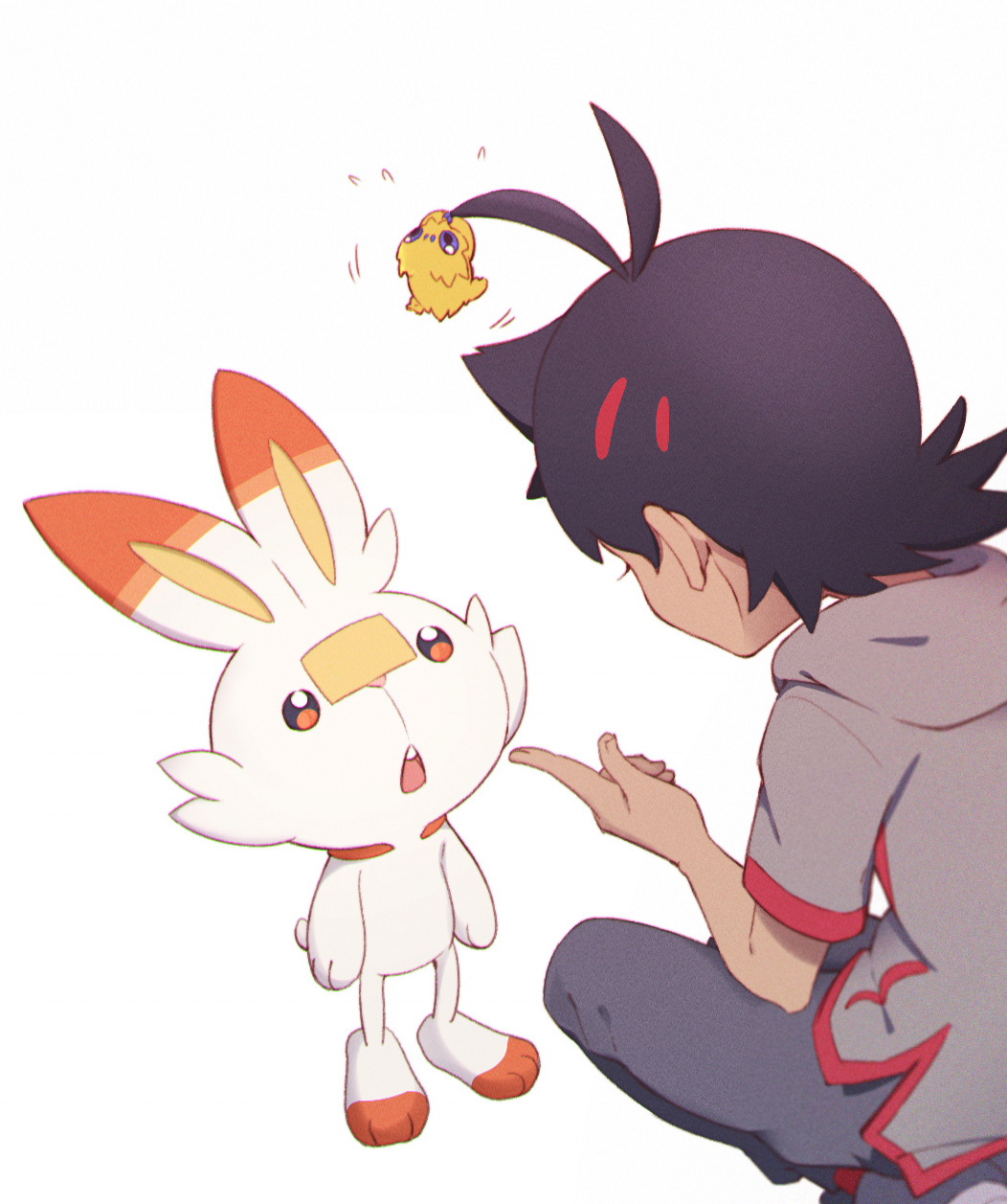 1boy antenna_hair black_hair black_pants commentary_request dark_skin dark_skinned_male eyelashes gen_5_pokemon gen_8_pokemon goh_(pokemon) hair_ornament highres joltik pants pokemon pokemon_(anime) pokemon_(creature) pokemon_swsh_(anime) scorbunny shi_erupi short_sleeves squatting starter_pokemon white_background