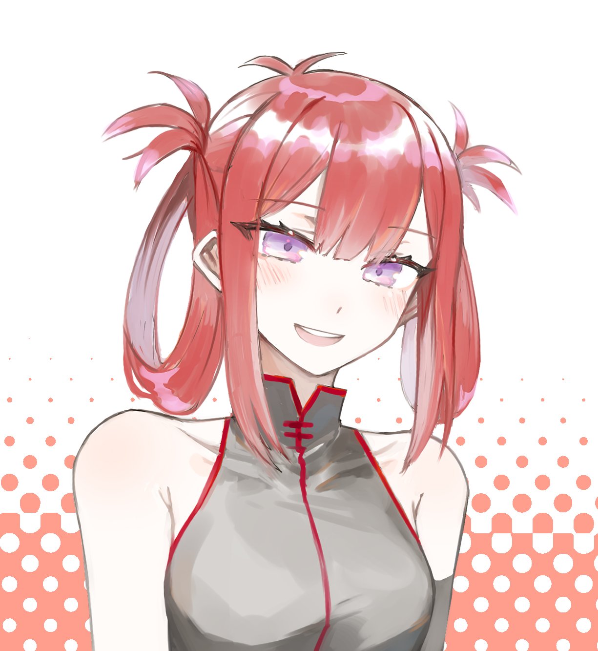 1girl breasts buttoniris english_commentary hair_rings highres indie_virtual_youtuber kani_kanizawa looking_at_viewer medium_breasts open_mouth redhead smile solo violet_eyes virtual_youtuber