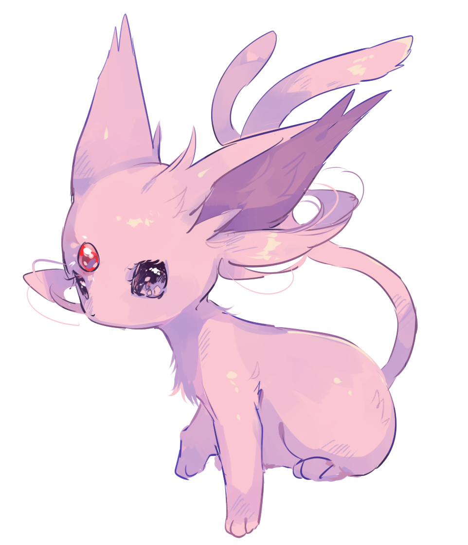 commentary_request espeon forehead_jewel forked_tail full_body gen_2_pokemon hideko_(l33l3b) no_humans paws pink_fur pokemon pokemon_(creature) solo tail