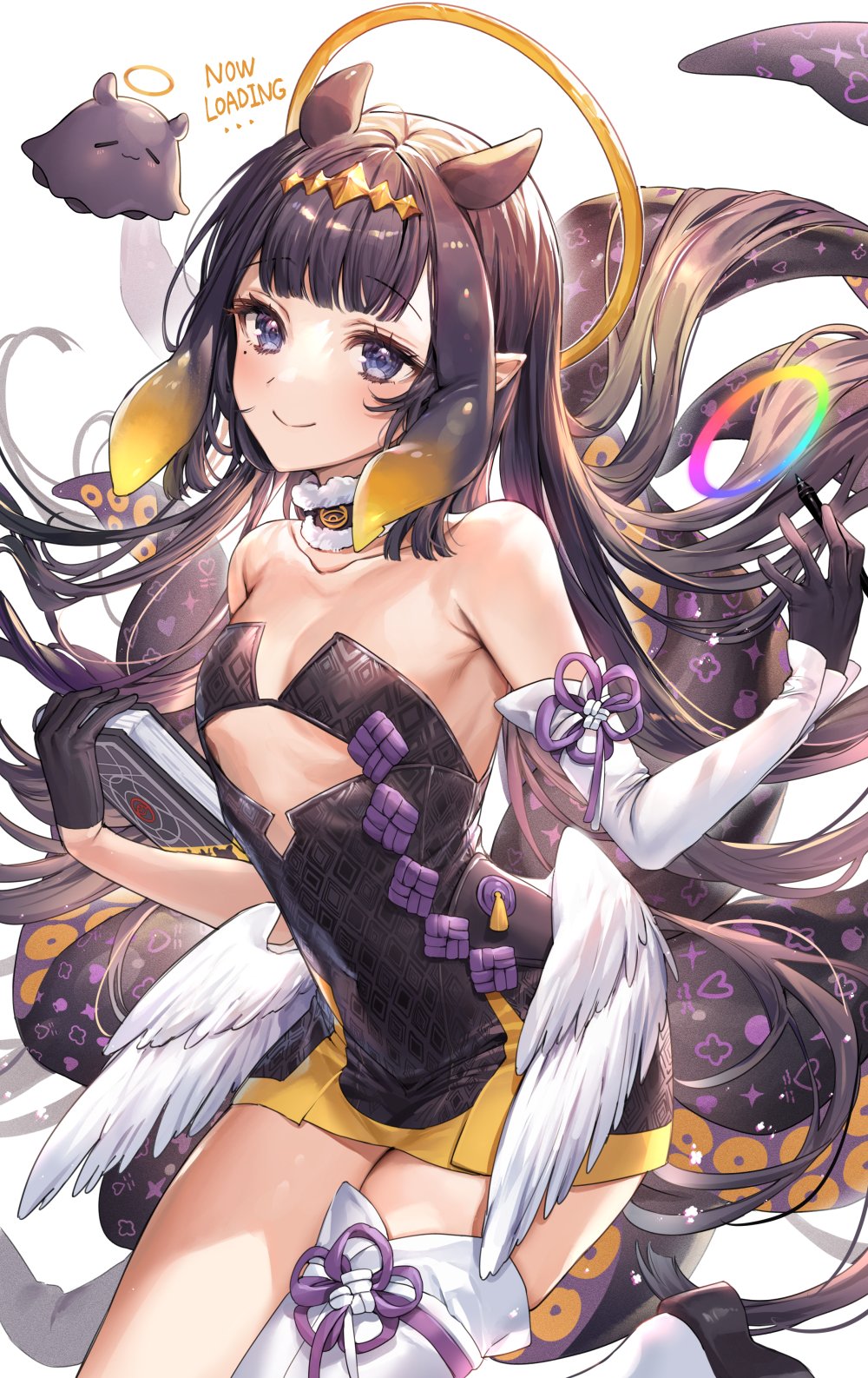 1girl bangs black_dress black_gloves blue_eyes blunt_bangs blush breasts detached_sleeves dress gloves halo highres hololive hololive_english long_hair looking_at_viewer mole mole_under_eye ninomae_ina'nis pillo pointy_ears purple_hair small_breasts smile solo tentacle_hair tentacles thigh-highs virtual_youtuber