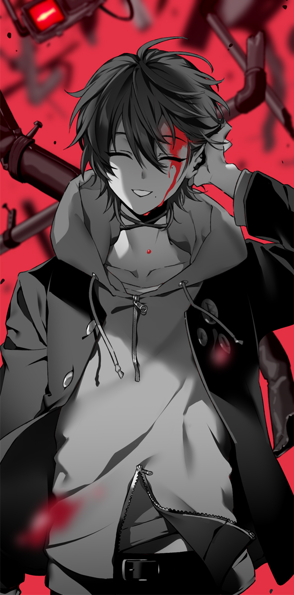 1boy arm_up belt blood blood_on_face blurry blurry_background blurry_foreground broken closed_eyes collarbone dripping greyscale hair_between_eyes highres hood hood_down hoodie hypnosis_mic jacket male_focus mole mole_under_mouth monochrome open_clothes open_jacket pipe pira_811 red_background smile solo spot_color traffic_light yamada_saburou zipper zipper_pull_tab