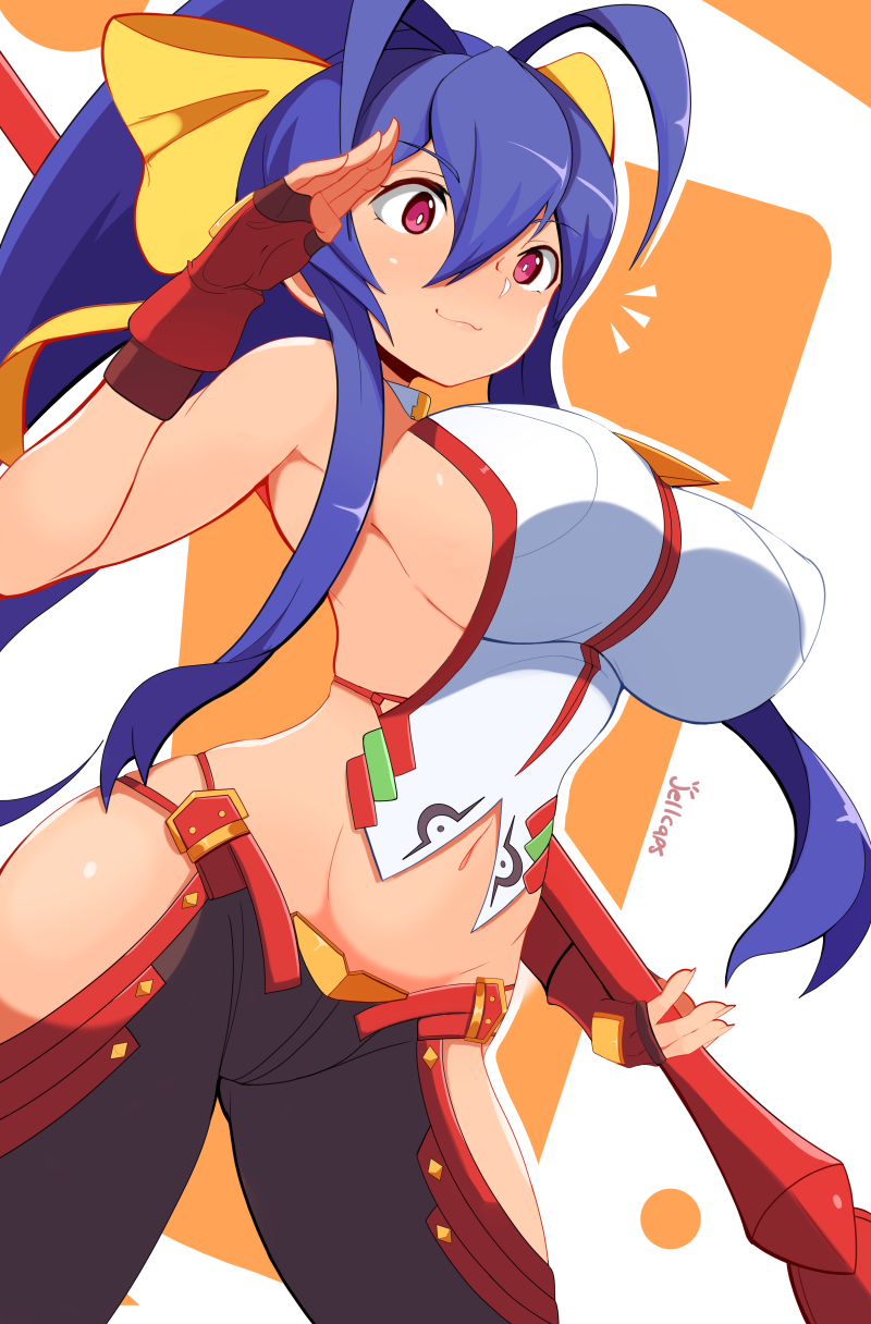 1girl antenna_hair black_pants blazblue blazblue:_central_fiction blush bow breasts fingerless_gloves gloves highres jellcaps large_breasts long_hair looking_at_viewer lowleg lowleg_pants mai_natsume navel pants polearm ponytail revealing_clothes sideboob smile solo spear weapon yellow_bow