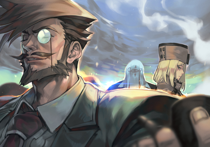 1girl 2boys ashiomi_masato bangs beard beige_jacket blonde_hair blue_eyes breasts brown_hair closed_mouth coat collared_shirt facial_hair fur_hat guilty_gear guilty_gear_strive hand_up hat hncl jacket long_hair long_sleeves male_focus mask millia_rage monocle multiple_boys mustache necktie outdoors red_neckwear shirt slayer_(guilty_gear) smile swept_bangs white_shirt