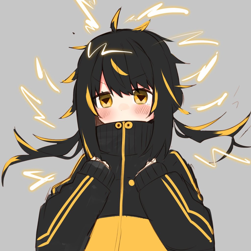 1girl bangs black_hair black_jacket blonde_hair covered_mouth daifukumochi_(akaaokiiwo) electricity eyebrows_visible_through_hair full_body gen_8_pokemon grey_background hair_between_eyes hands_up high_collar jacket long_hair long_sleeves looking_at_viewer low_twintails multicolored_hair personification pincurchin pokemon simple_background sleeves_past_wrists solo streaked_hair symbol-shaped_pupils twintails upper_body v-shaped_eyebrows yellow_eyes yellow_jacket