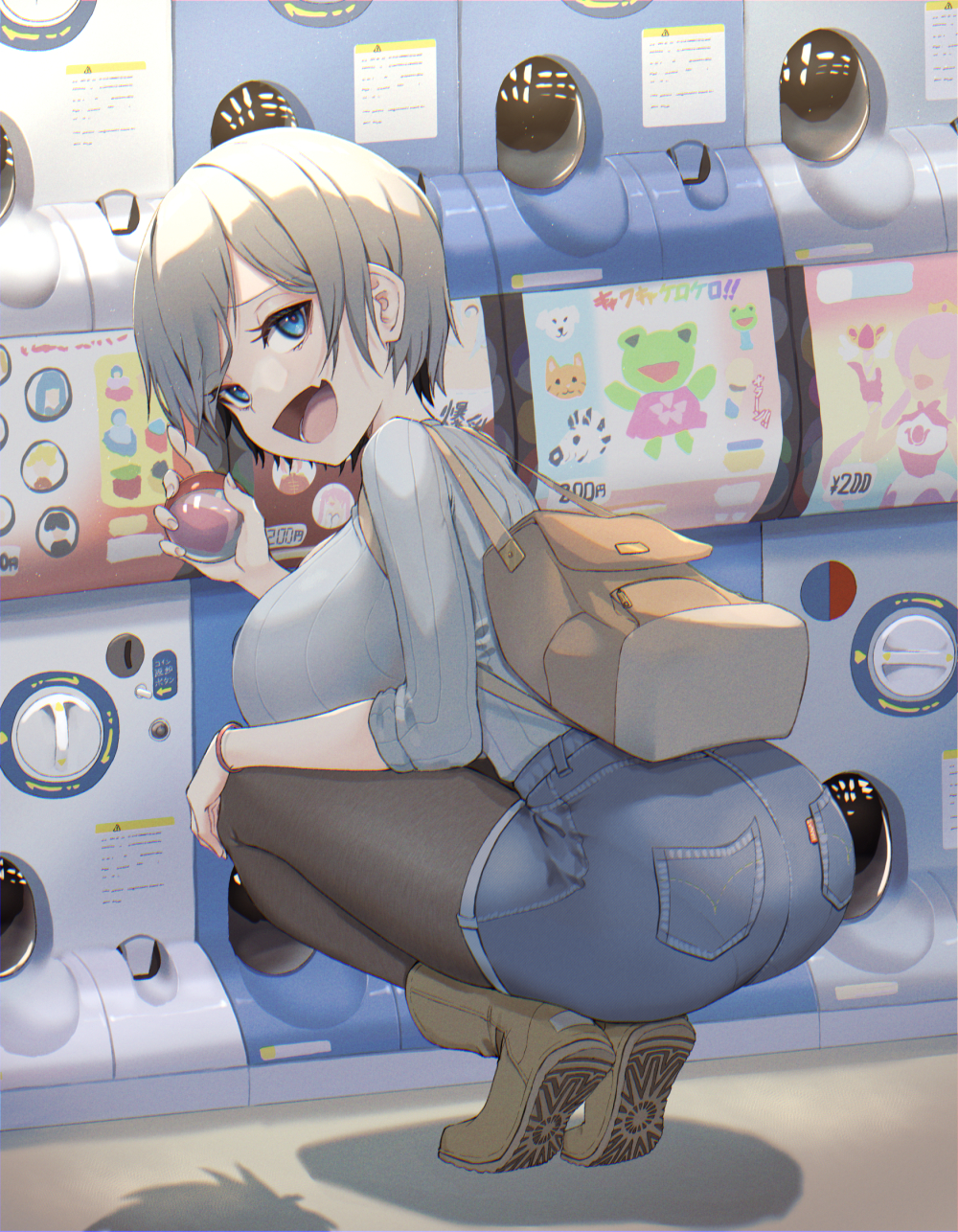 1girl :d artist_name ass backpack bag bangs black_hair black_legwear blue_eyes boots breasts commentary denim denim_skirt fang from_behind full_body grey_hair grey_shirt hand_on_own_knee hand_up highres holding large_breasts looking_at_viewer looking_back lower_teeth magister_(bearibop) miniskirt multicolored_hair open_mouth pantyhose pantylines patreon_username raised_eyebrows romaji_commentary shadow shirt short_hair short_sleeves skin_fang skirt smile smug solo squatting thighs tiptoes tongue two-tone_hair uzaki-chan_wa_asobitai! uzaki_hana