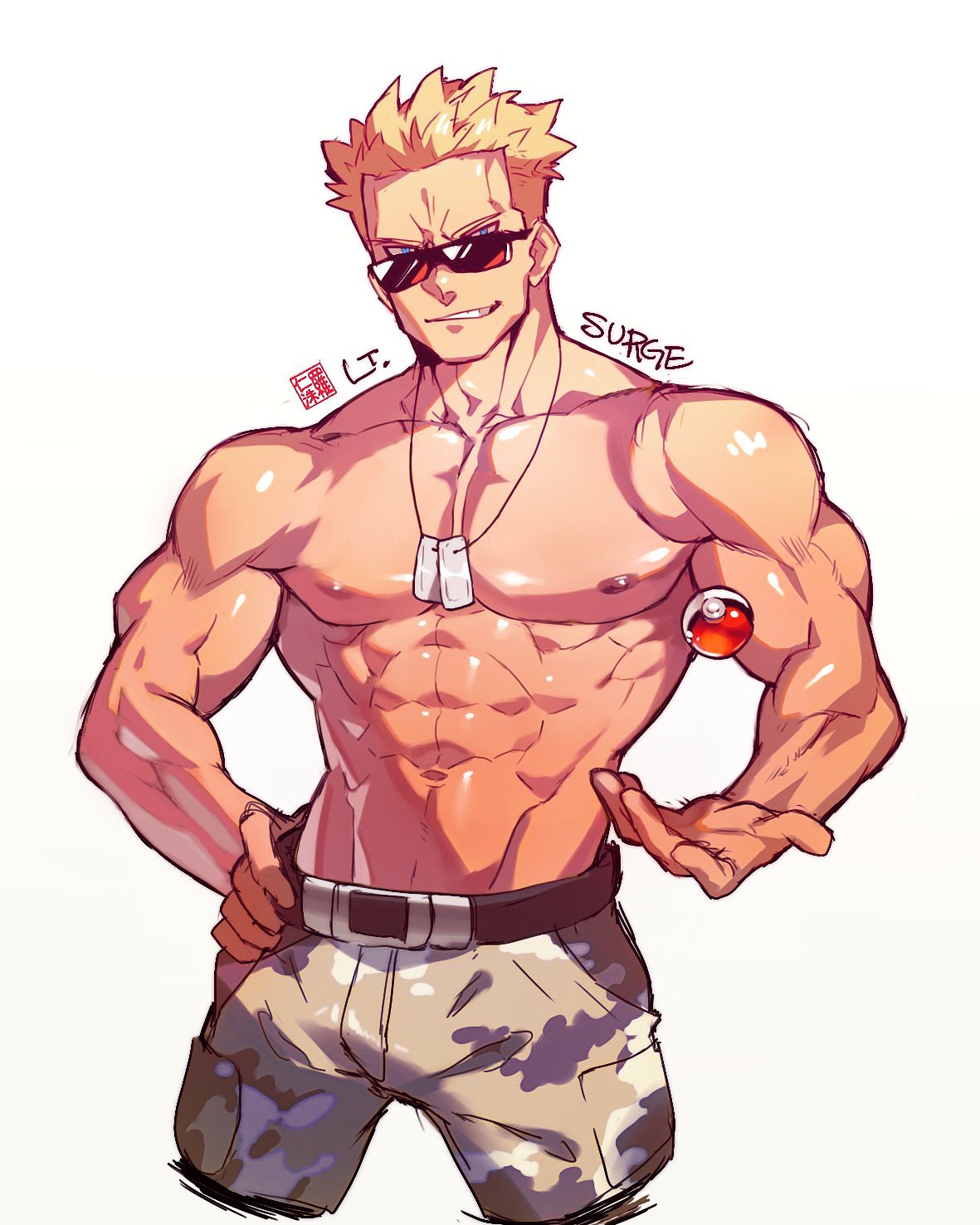 1boy abs bare_arms belt blonde_hair blue_eyes camouflage camouflage_pants character_name collarbone dog_tags grey_background hand_on_hip highres male_focus muscle na_insoo pants poke_ball poke_ball_(basic) pokemon pokemon_(game) pokemon_hgss shiny shiny_skin shirtless sketch smirk solo sunglasses surge_(pokemon) teeth