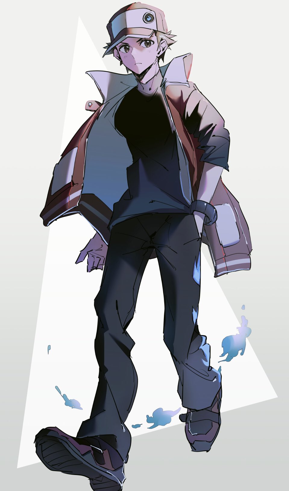 1boy badge baseball_cap black_pants bracelet brown_hair closed_mouth commentary eyelashes from_below hand_in_pocket hat highres jacket jewelry looking_to_the_side male_focus open_clothes open_jacket pants pokemon pokemon_(game) pokemon_masters_ex red_(pokemon) red_jacket sekaiitinoki shoes solo