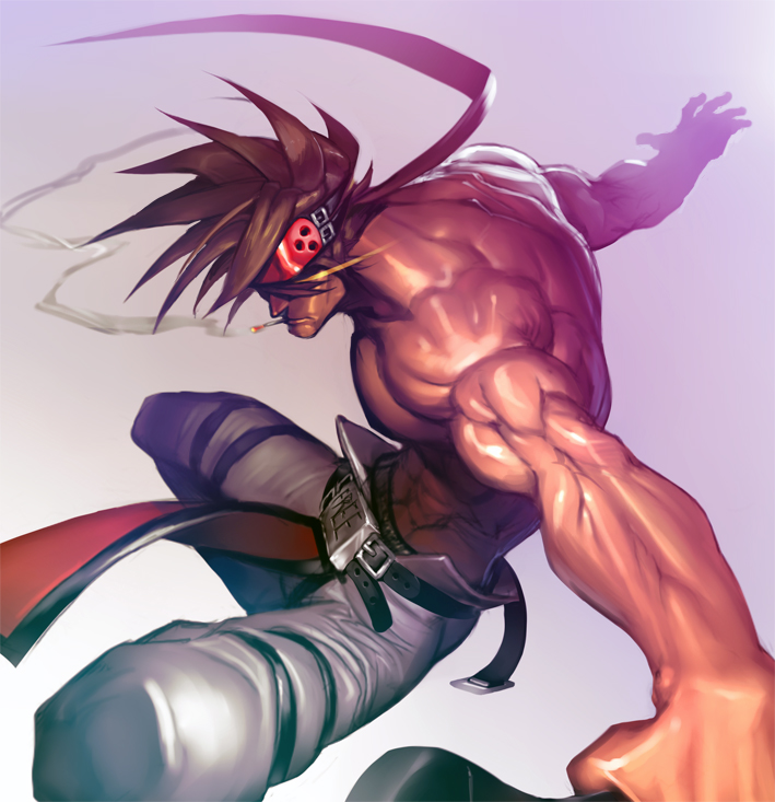 1boy bara belt_buckle brown_hair buckle chest cigarette covered_abs dynamic_pose feet_out_of_frame fighting_stance foreshortening guilty_gear harness headgear long_hair male_focus muscle na_insoo pelvic_curtain ponytail shiny shiny_skin shirtless simple_background smoking sol_badguy solo spiky_hair thighs tight yellow_eyes