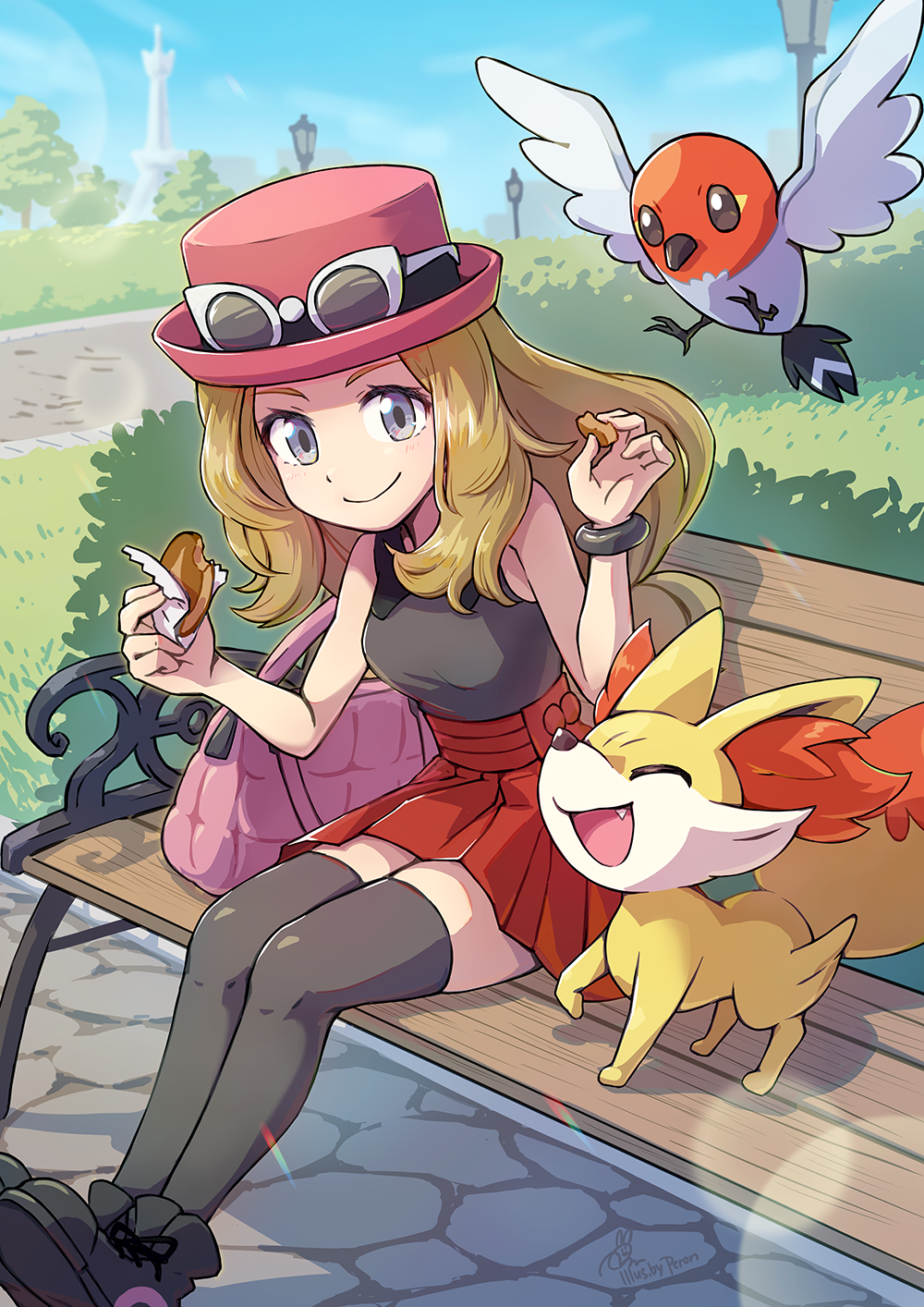 1girl bench black_legwear blush bracelet bush closed_mouth day eyelashes eyewear_on_headwear fennekin fletchling gen_6_pokemon grass grey_eyes hat highres holding jewelry lens_flare light_brown_hair long_hair outdoors peron_(niki2ki884) pink_bag pink_headwear pleated_skirt pokemon pokemon_(game) pokemon_xy red_skirt serena_(pokemon) shoes sitting skirt sky smile starter_pokemon sunglasses thigh-highs tower