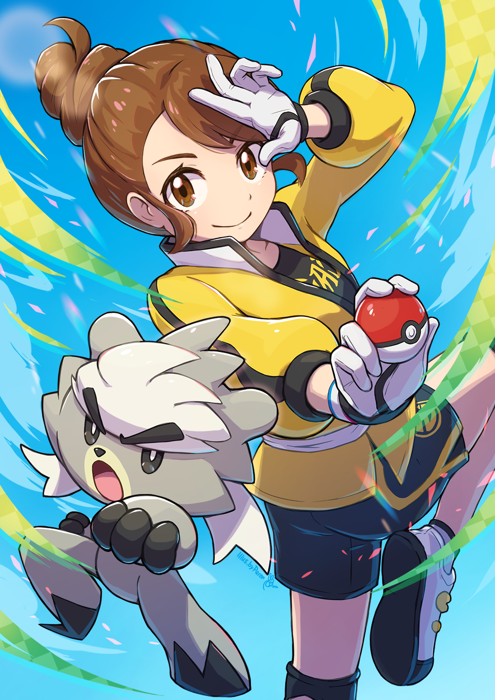 1girl black_shorts brown_eyes brown_hair closed_mouth commentary_request dynamax_band gen_8_pokemon gloria_(pokemon) gloves hair_bun hand_up highres holding holding_poke_ball jacket kubfu leg_up legendary_pokemon looking_at_viewer peron_(niki2ki884) poke_ball poke_ball_(basic) pokemon pokemon_(creature) pokemon_(game) pokemon_swsh shoes shorts sidelocks smile socks white_gloves yellow_jacket